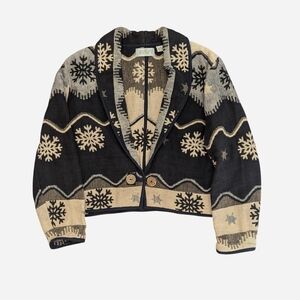 Vintage Black and Cream Tapestry Snowflake Pattern Cardigan